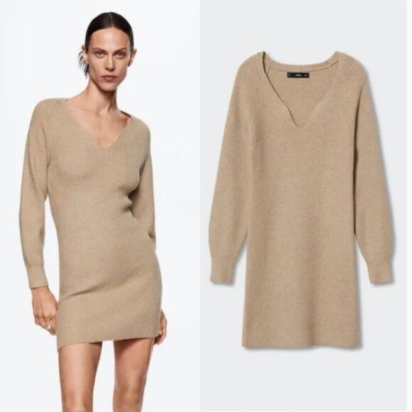 MANGO A-Line Jolene Mini Sweater Dress NWT in Beige Medium - Picture 1 of 14